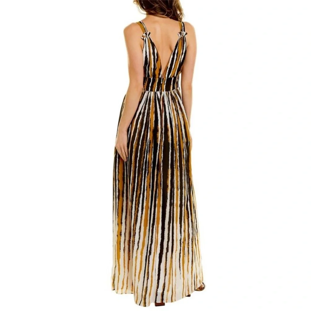 Ronny Kobo Sallee Elegant Striped Tiger Print Deep V-Neck Maxi Dress SXS NWOT - Picture 2 of 15